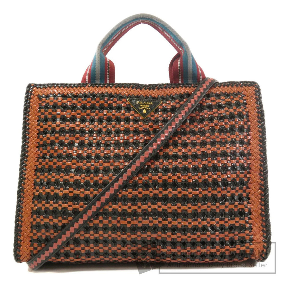 Prada Madras Woven Leather Tote Bag black brown leather weaving - Picture 1 of 11